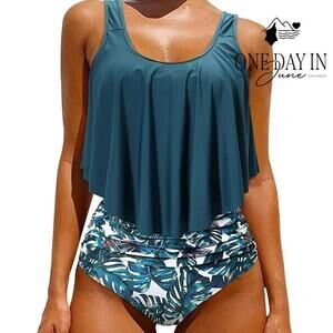 Adisputent Flounce Tankini High Waist Tropical Bikini Swimsuit Teal NWT Size XL